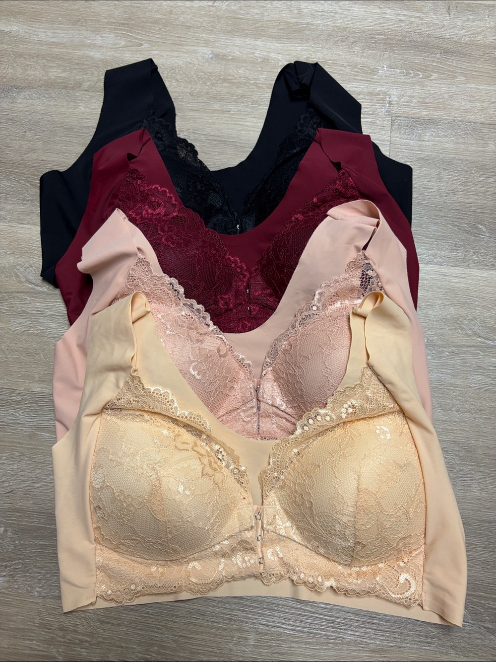 Women’s Lace Front-Close Comfort Bra - Black, Burgundy, Blush, Peach